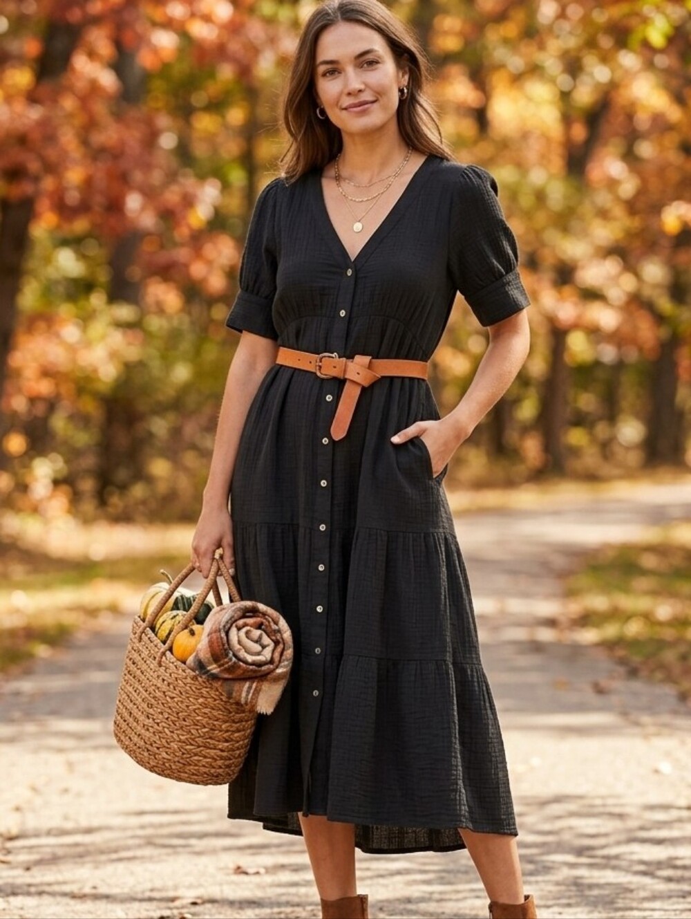 Madewell Lightspun Button-Front Tiered Midi Dress Black Cotton Gauze Size 6
